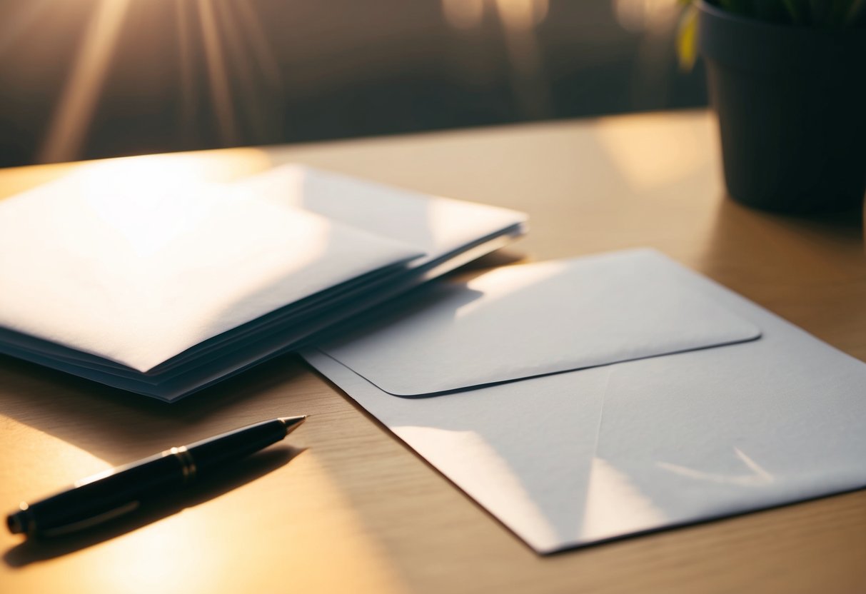 A desk with a pen, paper, and an open envelope. A ray of sunlight illuminates the scene, casting a warm glow on the blank page