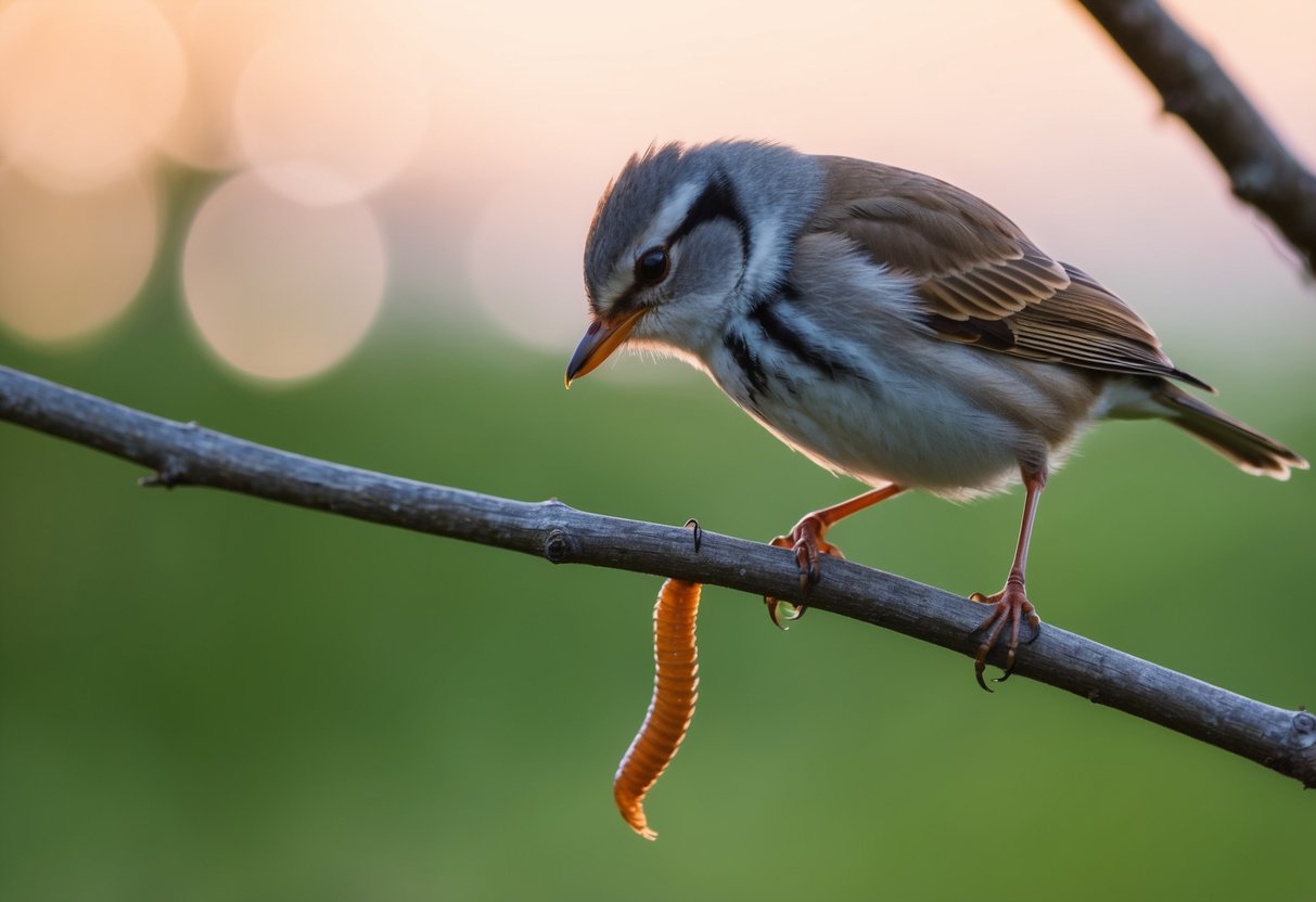 A small bird perched on a branch, peering down at a wriggling worm in the early morning light