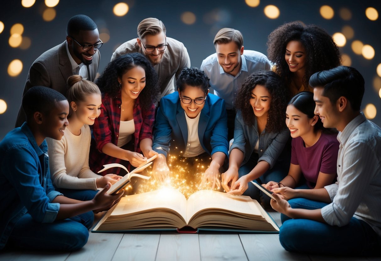 A group of diverse characters gather around a magical book, each contributing their own ideas to create a new ending. The book emits a bright glow as their creativity flows onto the pages