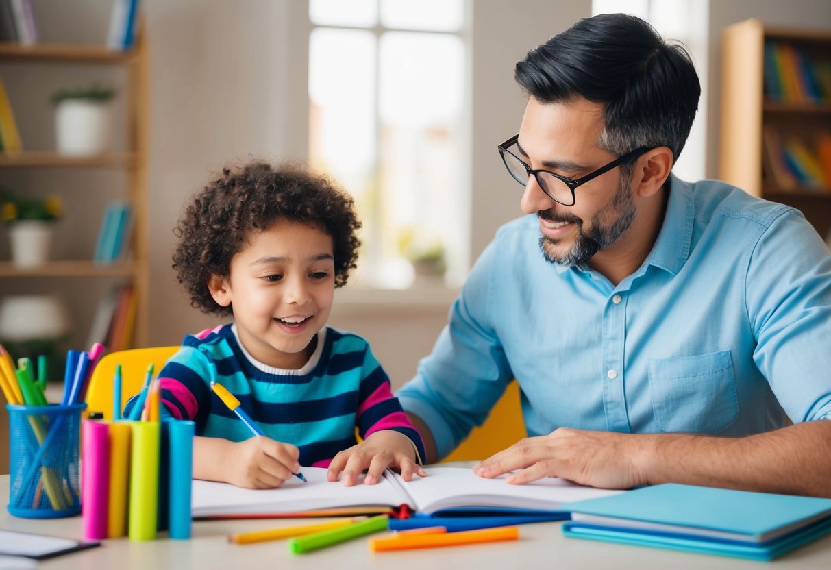 A child and parent sit at a desk with colorful writing supplies. The child eagerly listens as the parent reads from a book of writing prompts