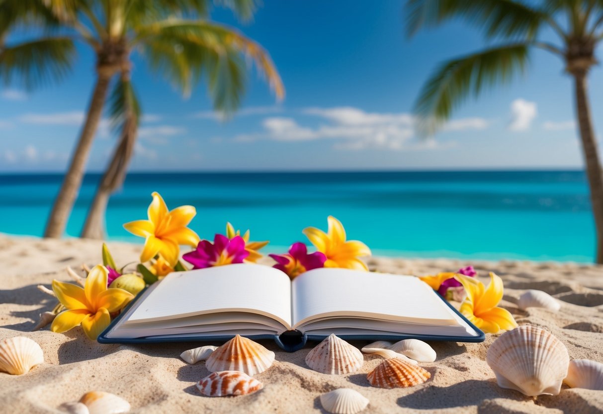 A journal lies open on a sun-drenched beach, surrounded by colorful seashells and tropical flowers. The turquoise ocean stretches out to the horizon, framed by palm trees and a clear blue sky