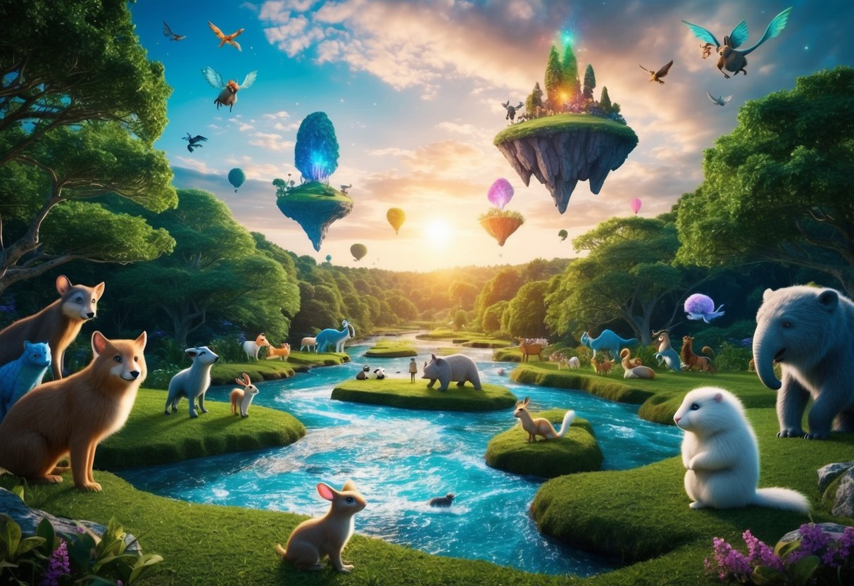 A magical forest with talking animals, a sparkling river, and a colorful sky filled with floating islands and flying creatures