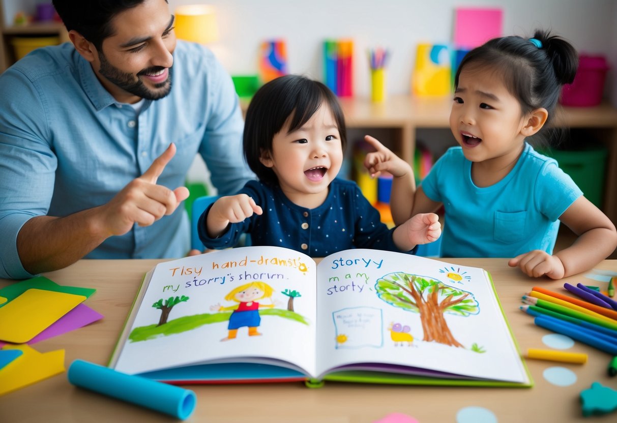 A child's hand-drawn storybook lies open on a table, surrounded by colorful art supplies. A parent watches as the child excitedly narrates their tale, gesturing and pointing to different parts of the story