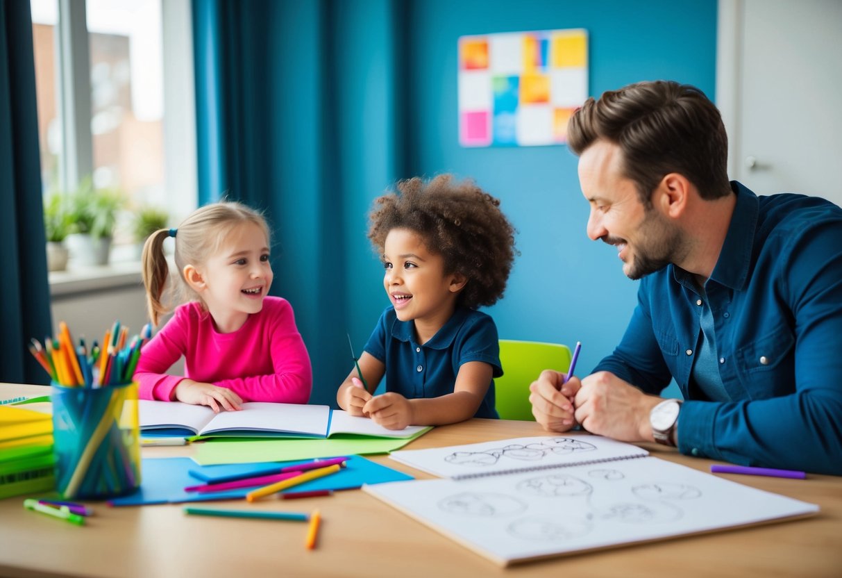 A child sits at a desk, surrounded by colorful art supplies. They enthusiastically tell a story while an adult listens and sketches out illustrations on a nearby pad of paper