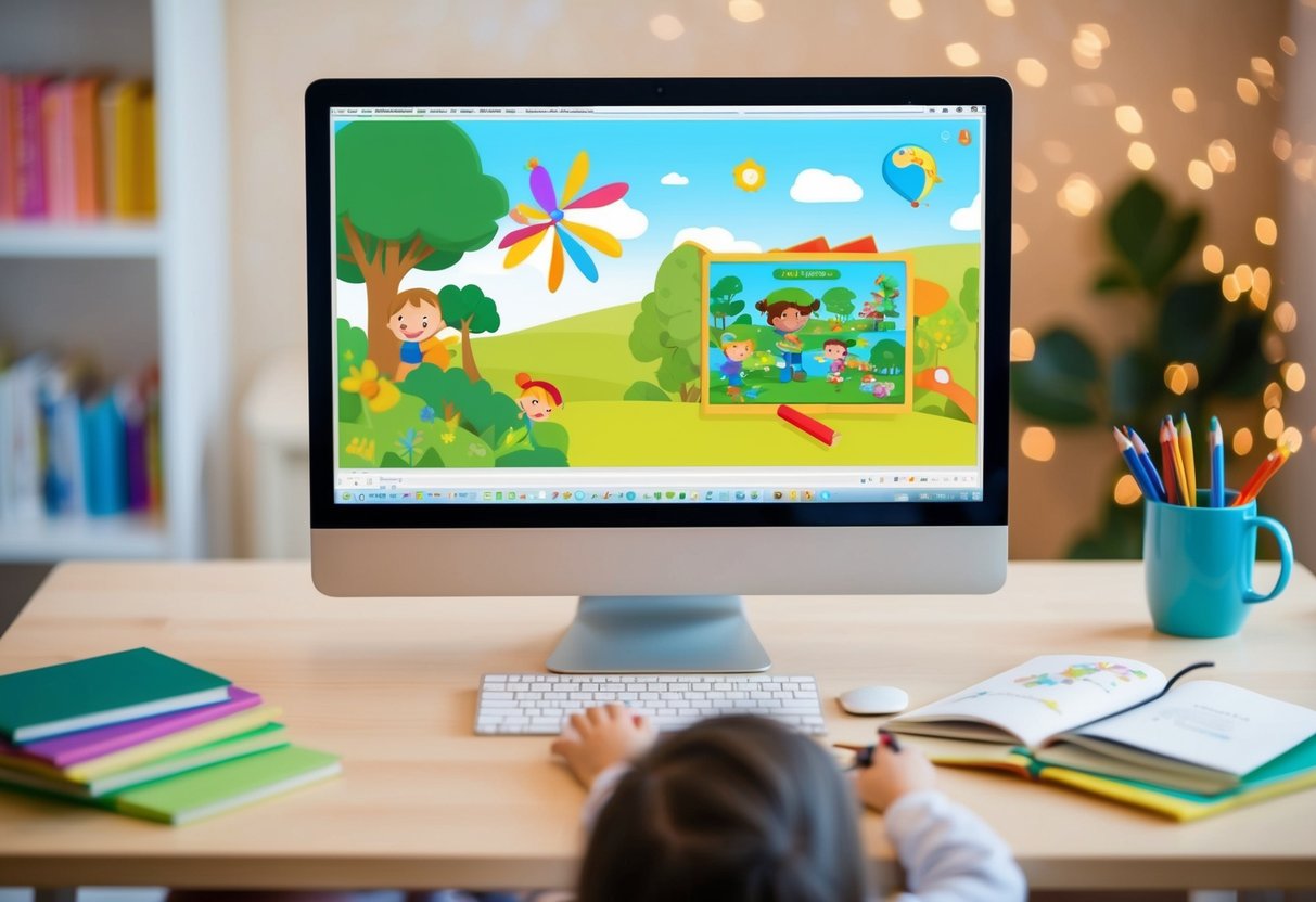 A child's storybook coming to life on a computer screen, with colorful illustrations being created using easy-to-use illustration software