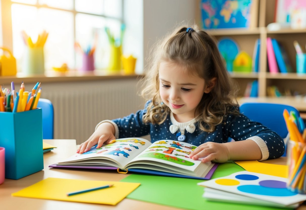 A child's imaginative stories come to life as colorful illustrations fill the pages of a book, surrounded by art supplies and a cozy classroom setting