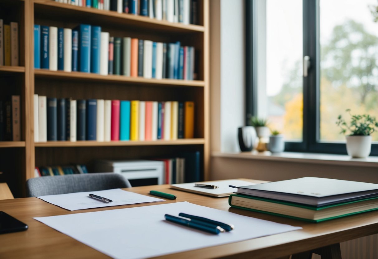 A cozy home study with a desk, paper, and pens. A bookshelf filled with colorful books and a window letting in natural light