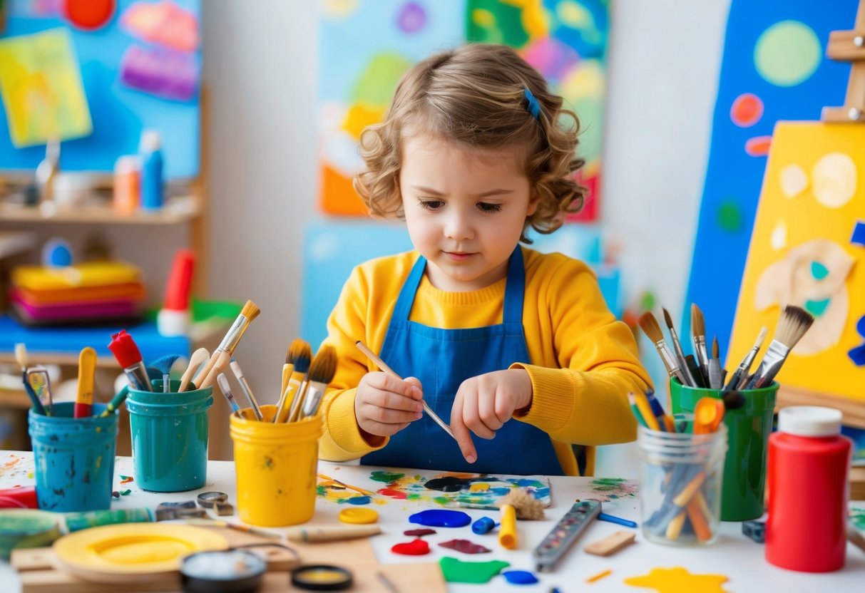 A child surrounded by various art supplies and tools, exploring different art styles through painting, drawing, sculpting, and collage