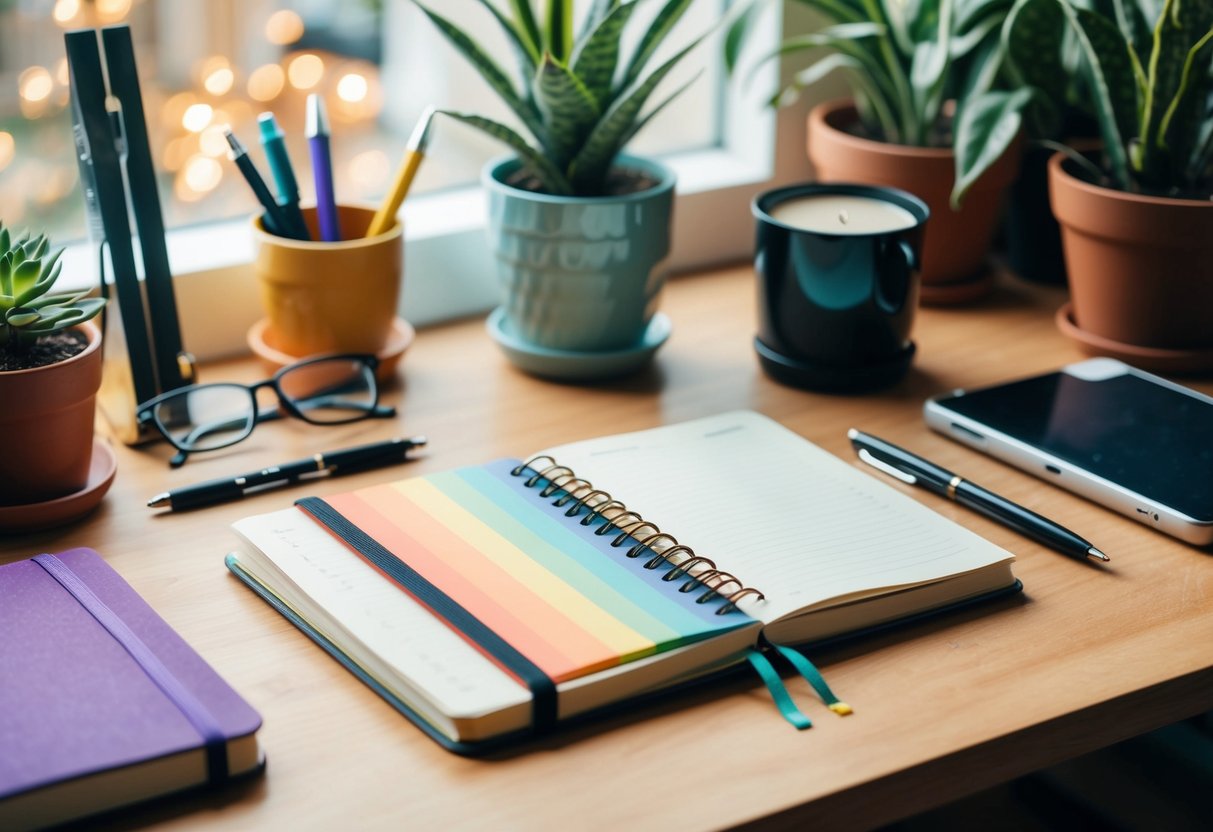 A cozy desk with a colorful journal, pens, and inspirational objects surrounded by natural light and plants