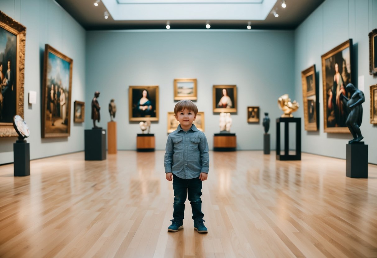 A child stands in front of various art pieces, ranging from classical paintings to modern sculptures, in a spacious and well-lit art museum