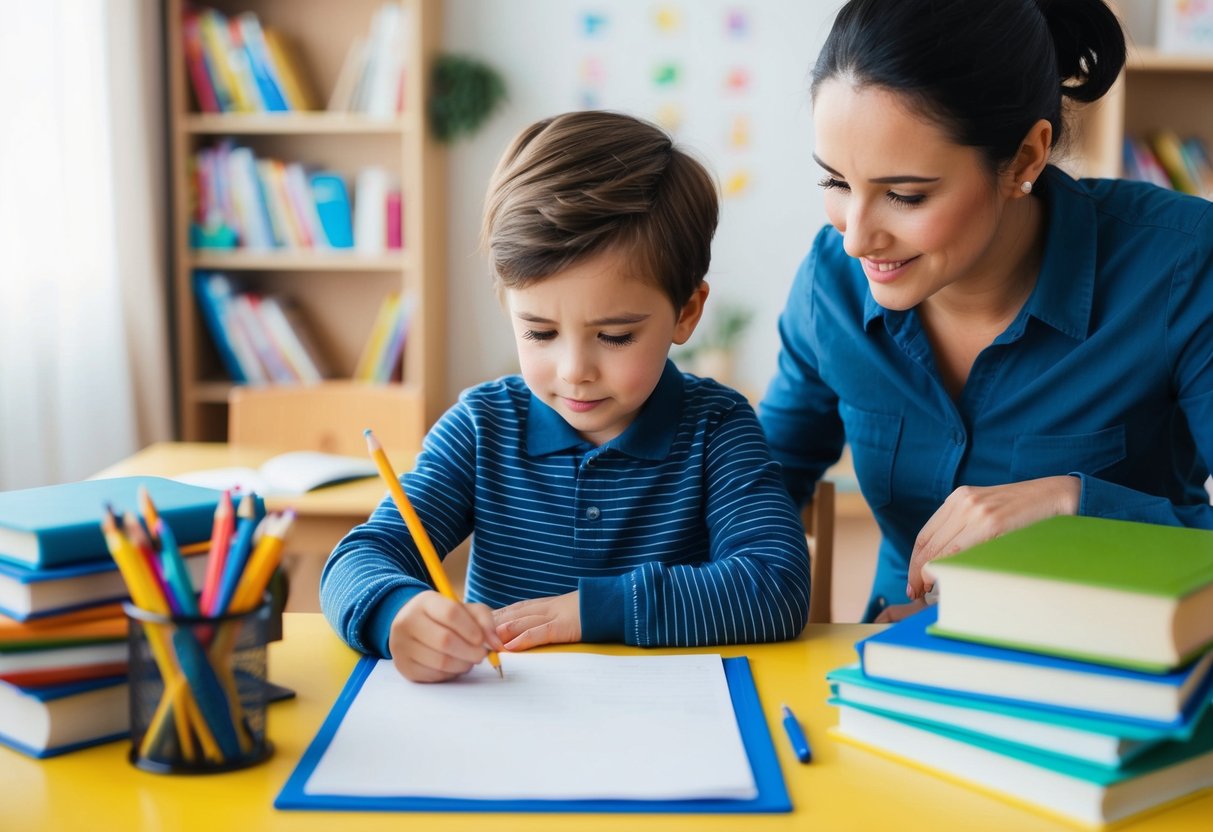 A child sits at a desk surrounded by books and writing supplies. They stare at a blank page, while a parent or teacher offers gentle encouragement and guidance