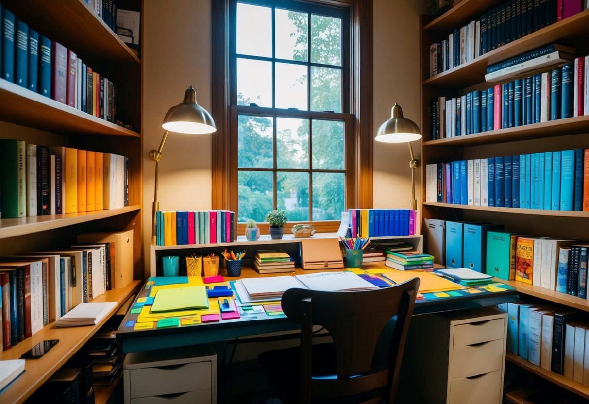 A cozy home office with a desk covered in colorful writing supplies, surrounded by bookshelves filled with inspiring novels and reference books. A large window lets in natural light, creating a warm and inviting atmosphere