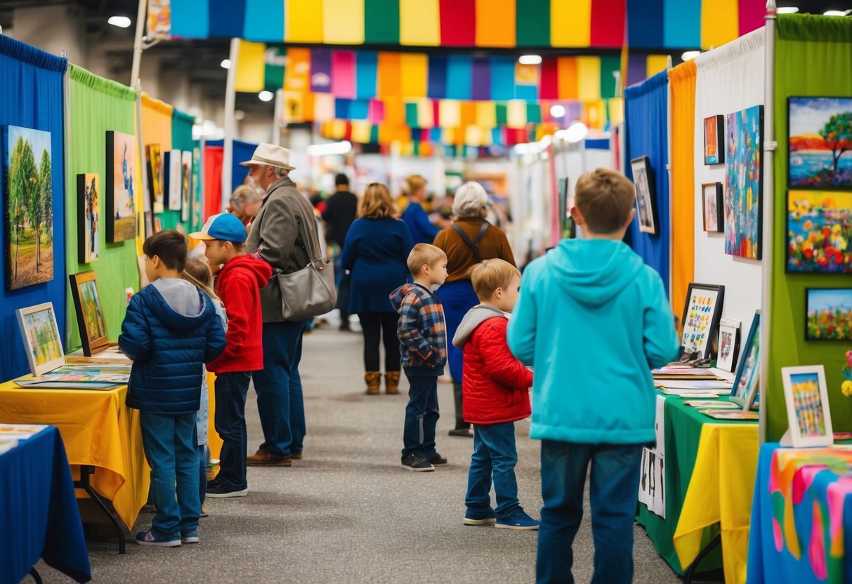 Colorful booths display various art styles at a local fair. Visitors admire paintings, sculptures, and mixed media pieces while children marvel at the diverse creativity