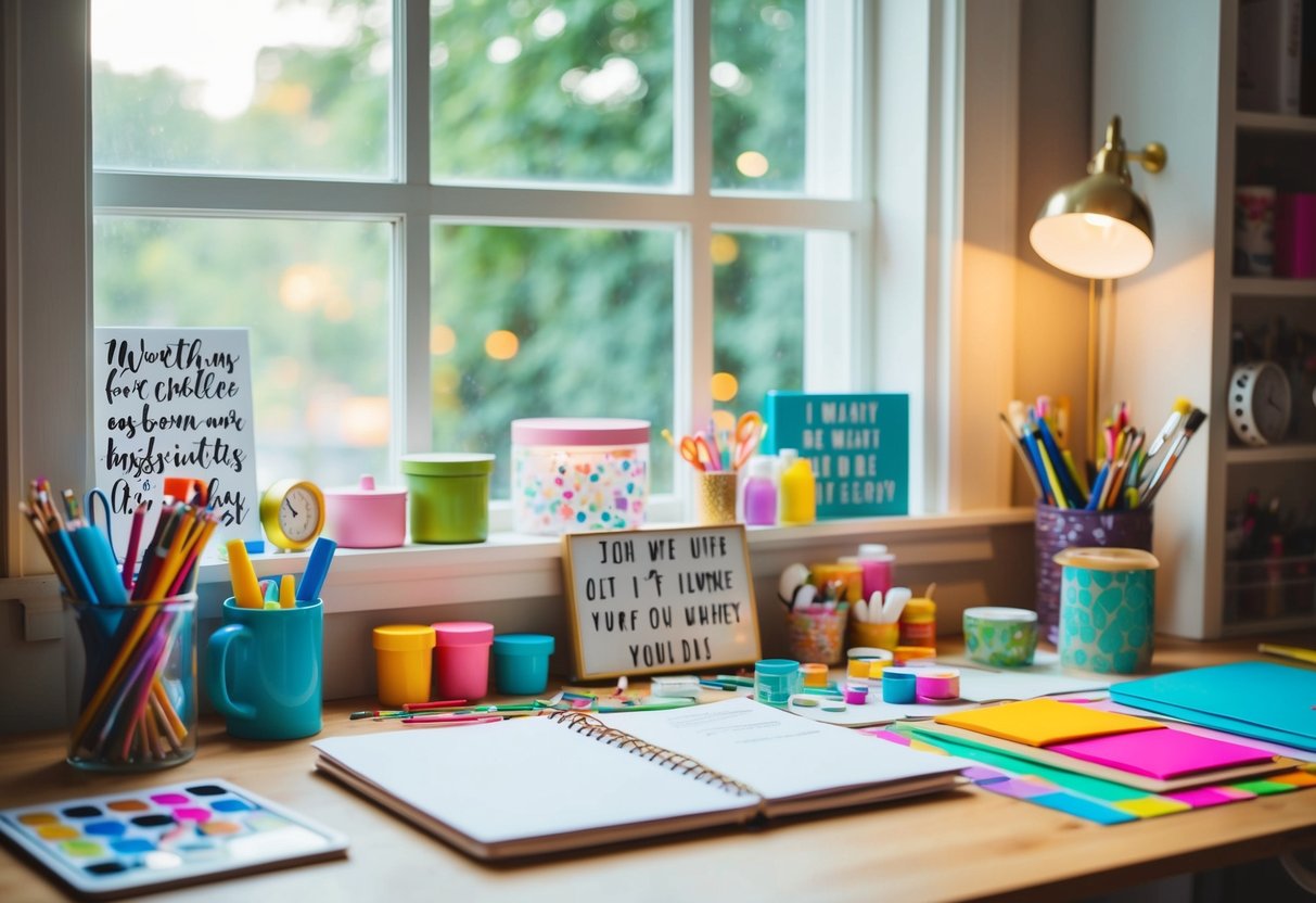 A cozy, clutter-free desk with colorful art supplies, inspirational quotes, and natural light streaming in through a window