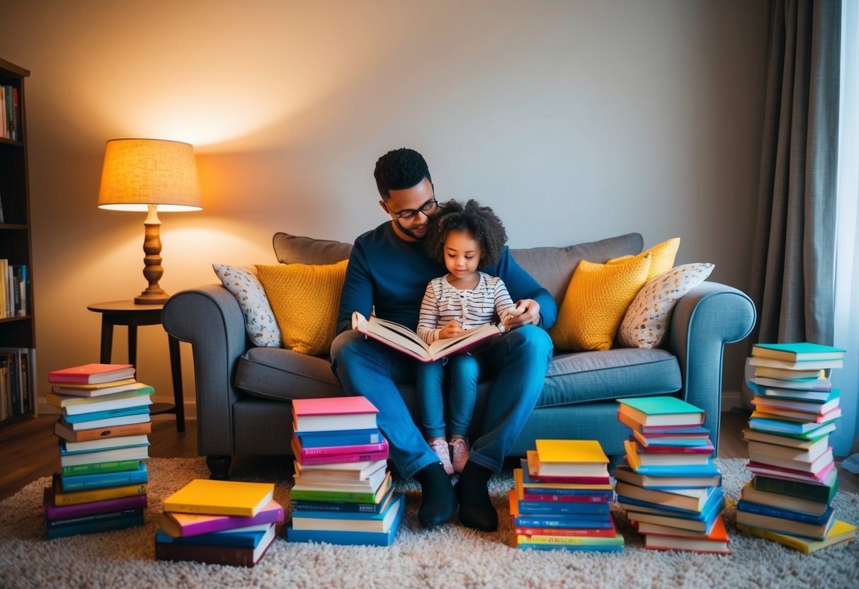 A cozy living room with a parent and child sitting on a comfortable couch surrounded by piles of colorful books. A warm lamp illuminates the space as they read and discuss creative writing strategies