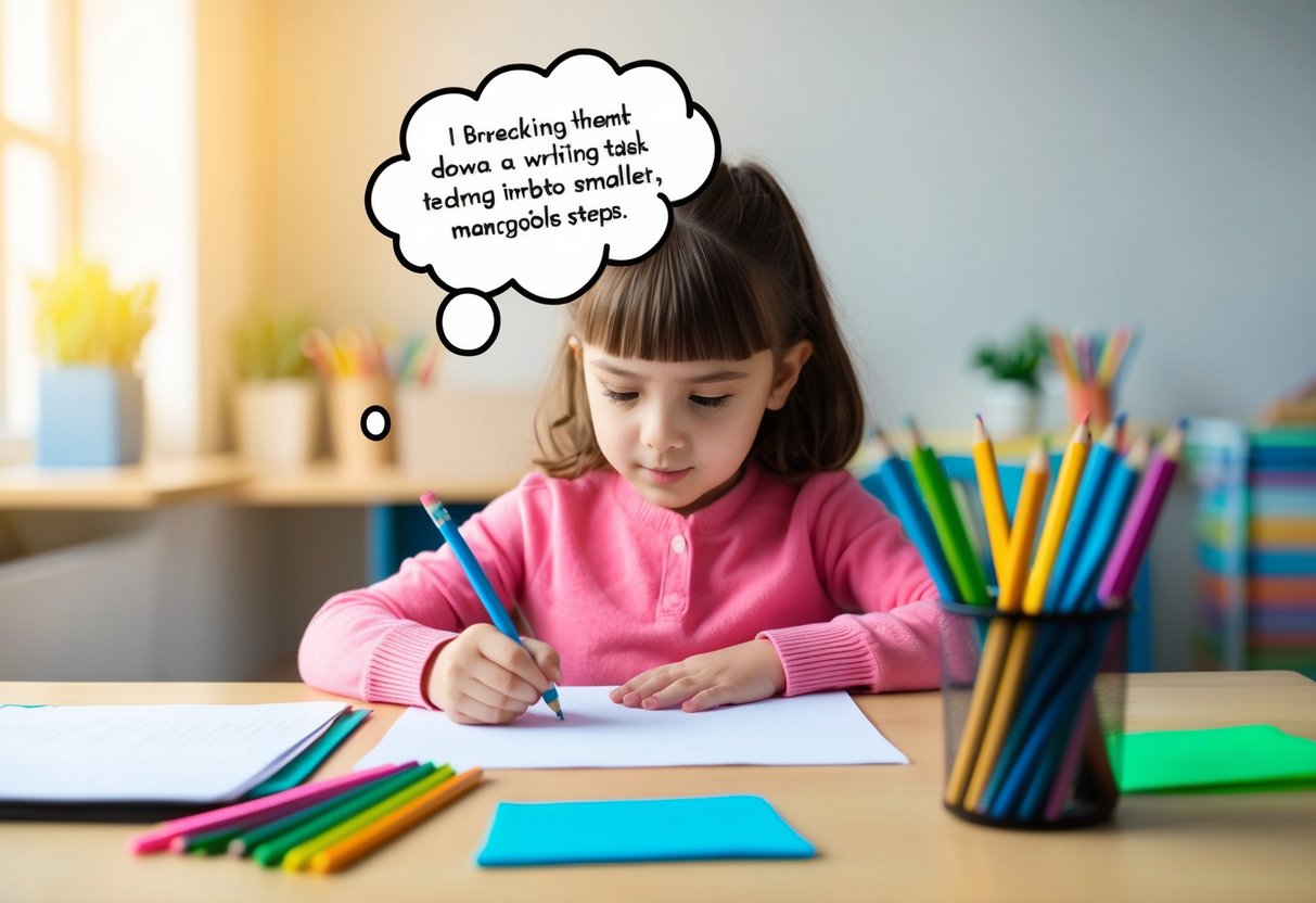 A child sitting at a desk with a blank piece of paper, surrounded by colorful pencils and markers. A thought bubble above their head shows them breaking down a writing task into smaller, manageable steps