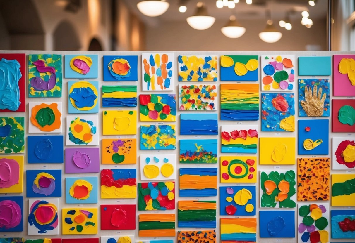 A colorful array of finger-painted masterpieces in various art styles, including abstract, impressionism, and pop art, displayed on a large canvas