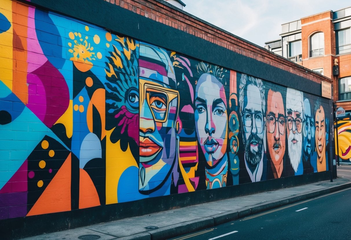 A vibrant street mural featuring various art styles, from abstract to realism, adorning a city wall with bold colors and intricate details