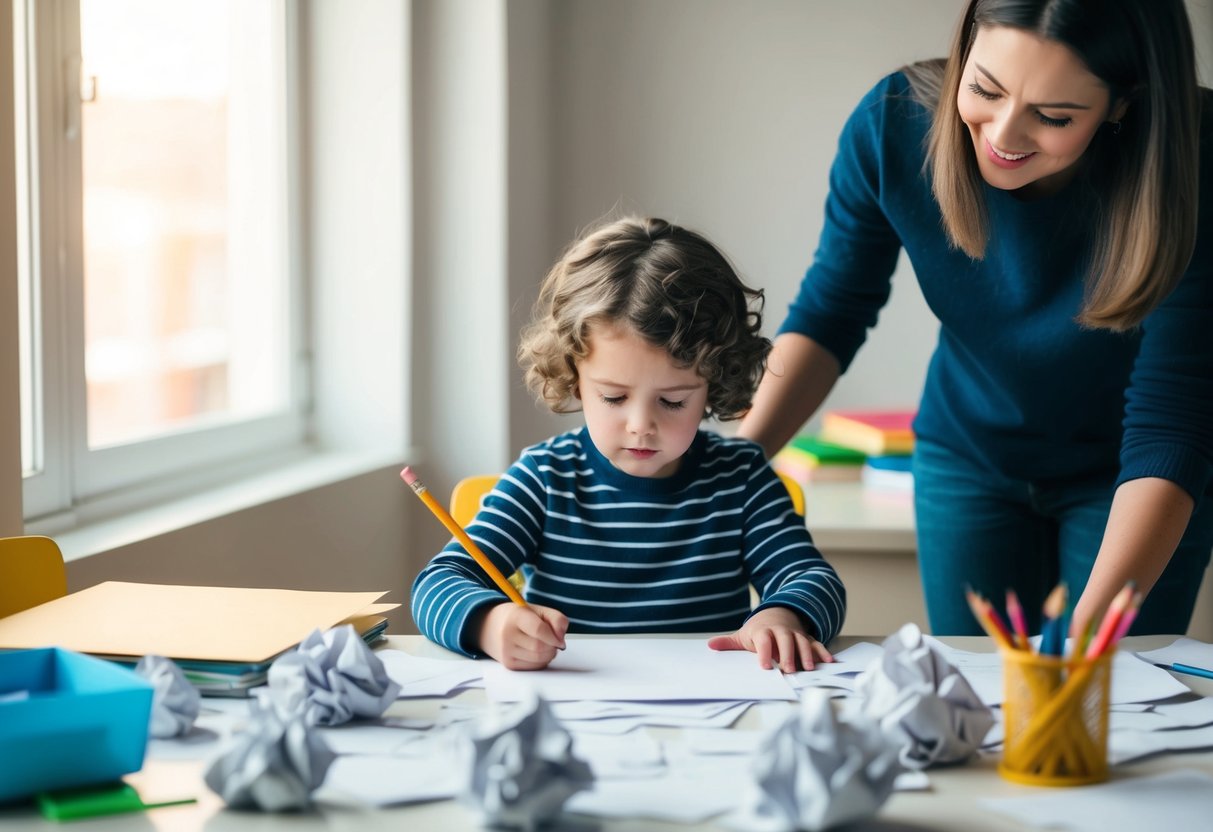 A child sits at a cluttered desk, surrounded by crumpled paper. They stare at a blank page, pencil tapping against the desk. A parent stands nearby, offering gentle encouragement