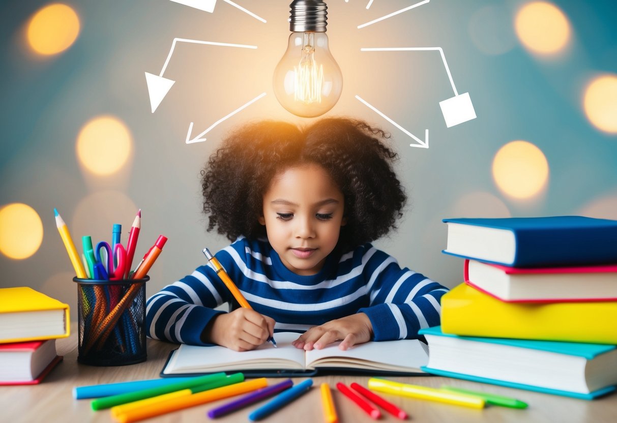 A child surrounded by colorful writing tools and books, with a lightbulb overhead, as they brainstorm and overcome writer's block