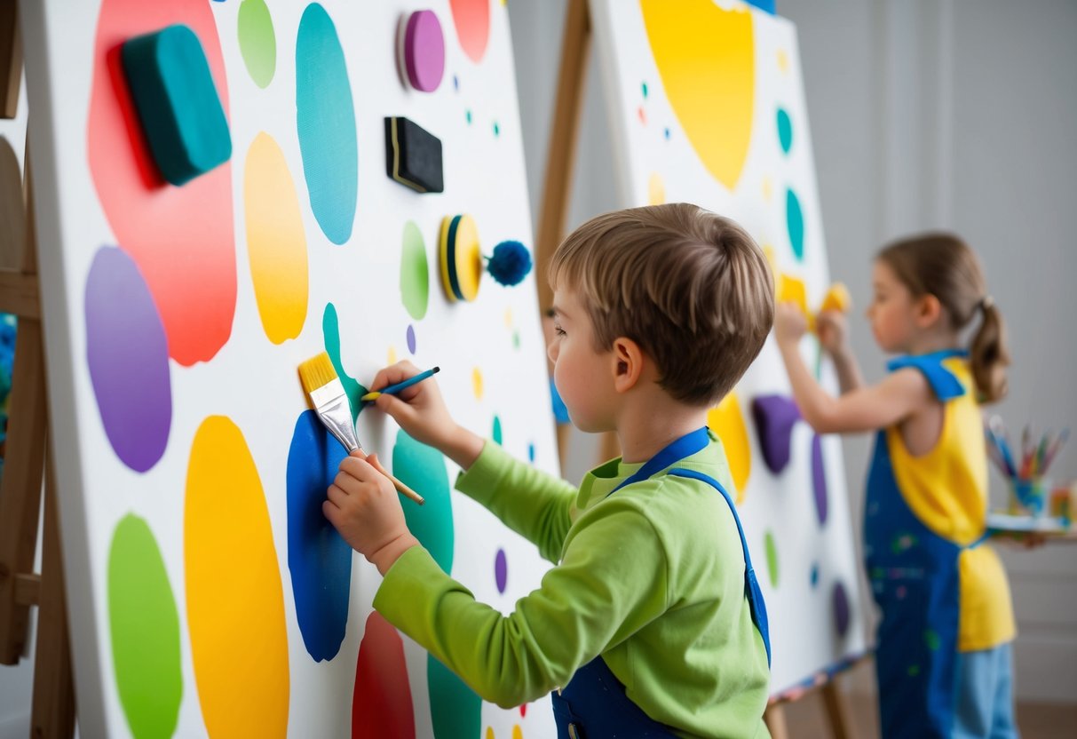 A child experimenting with various painting techniques, using brushes, sponges, and other tools on a large canvas. Bright colors and abstract shapes fill the scene