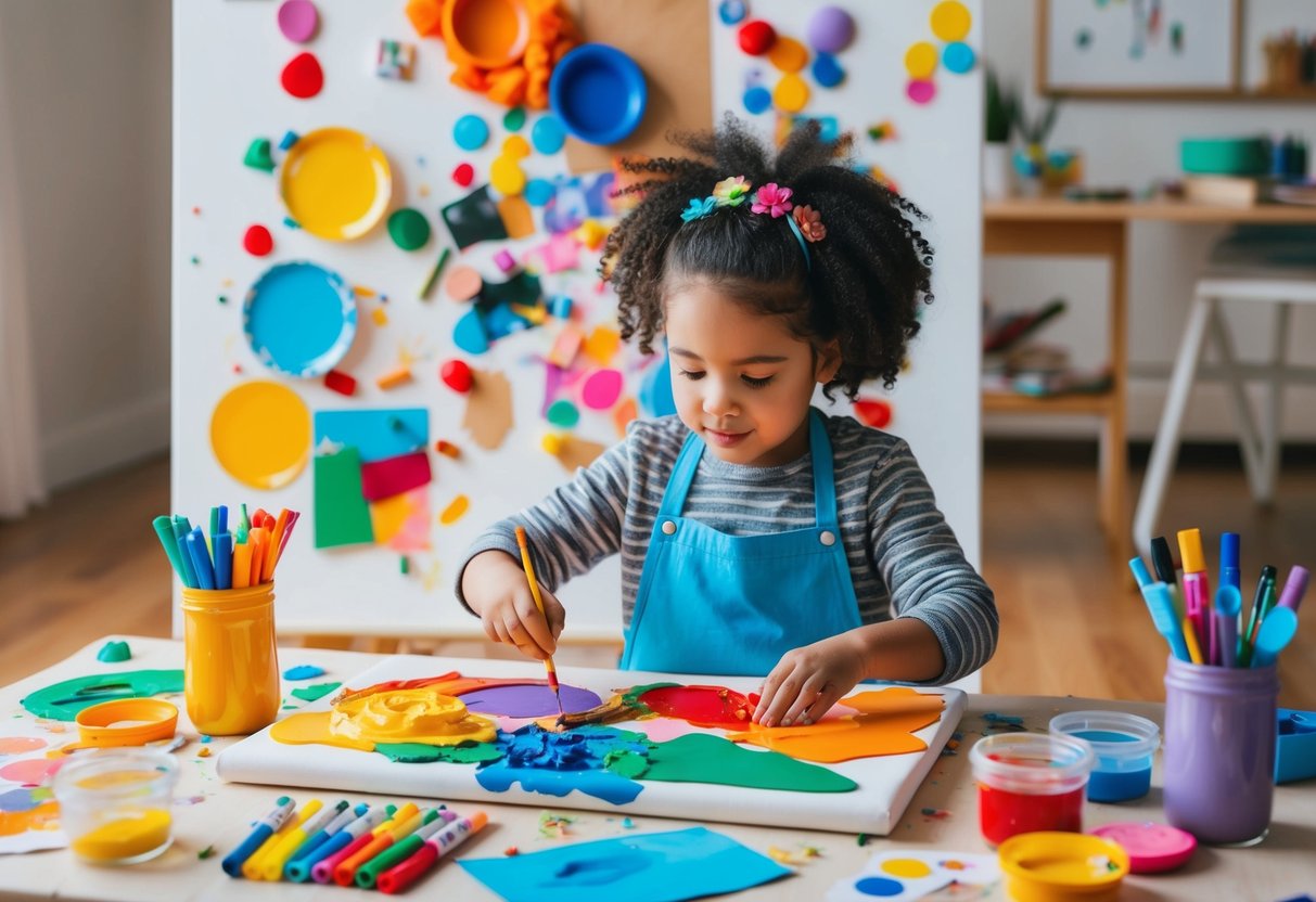 A child surrounded by various art supplies, creating colorful masterpieces on a large canvas with paint, markers, and collage materials