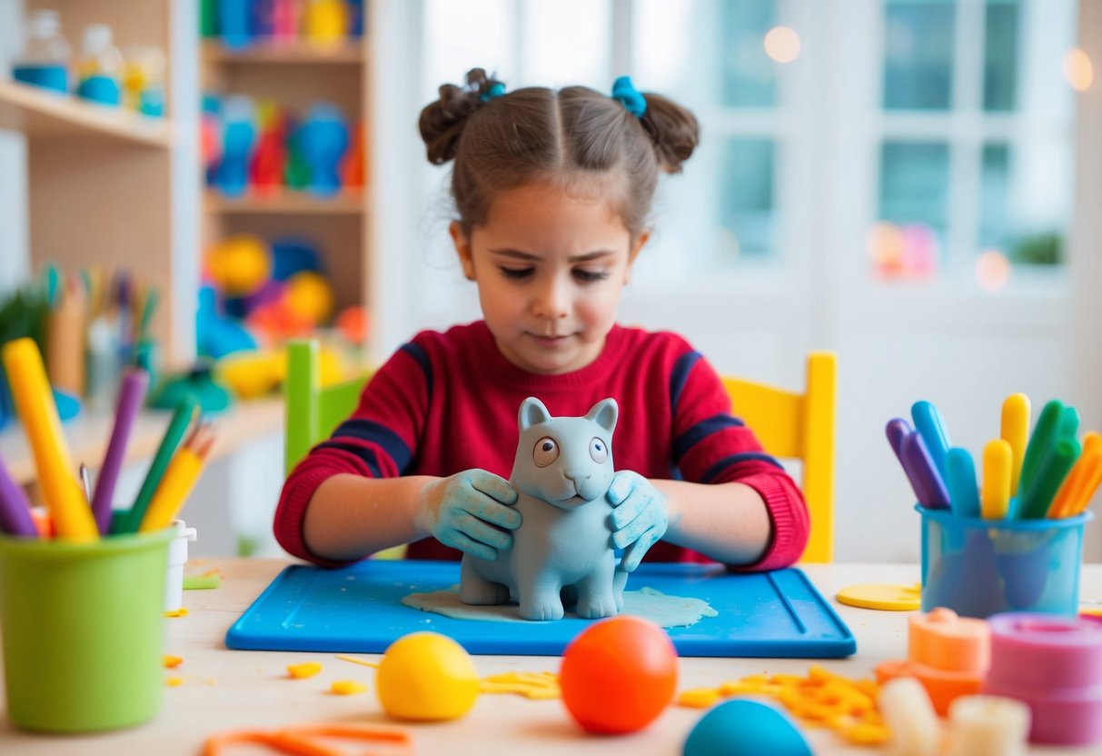A child molds a clay animal sculpture with focus and determination, surrounded by colorful art supplies and a work table