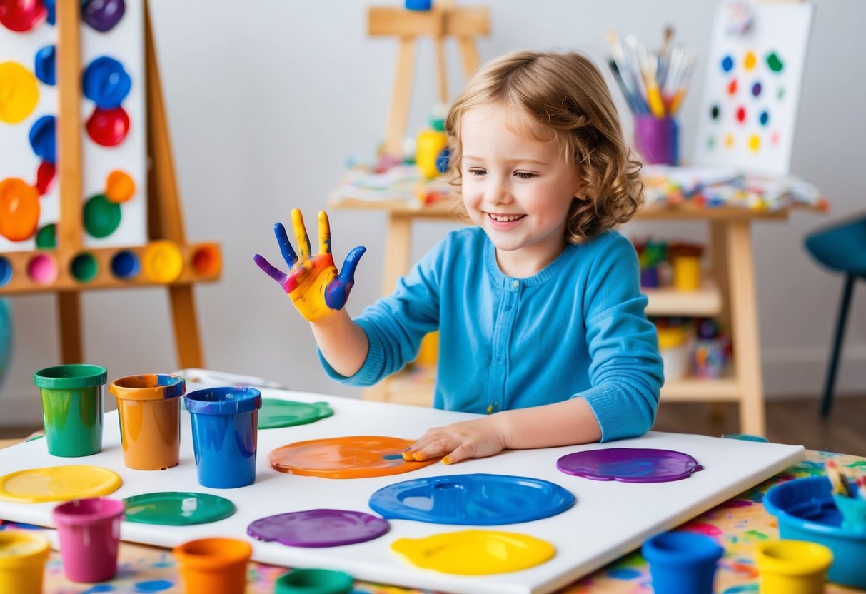 A child happily experimenting with various finger painting techniques on a large canvas, surrounded by a colorful array of paint and art supplies