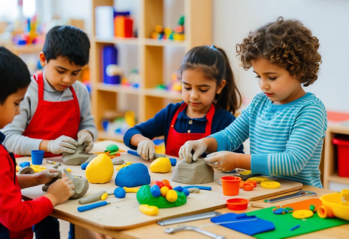 Children sculpting with clay, using various tools and techniques. A table filled with colorful materials and finished sculptures on display