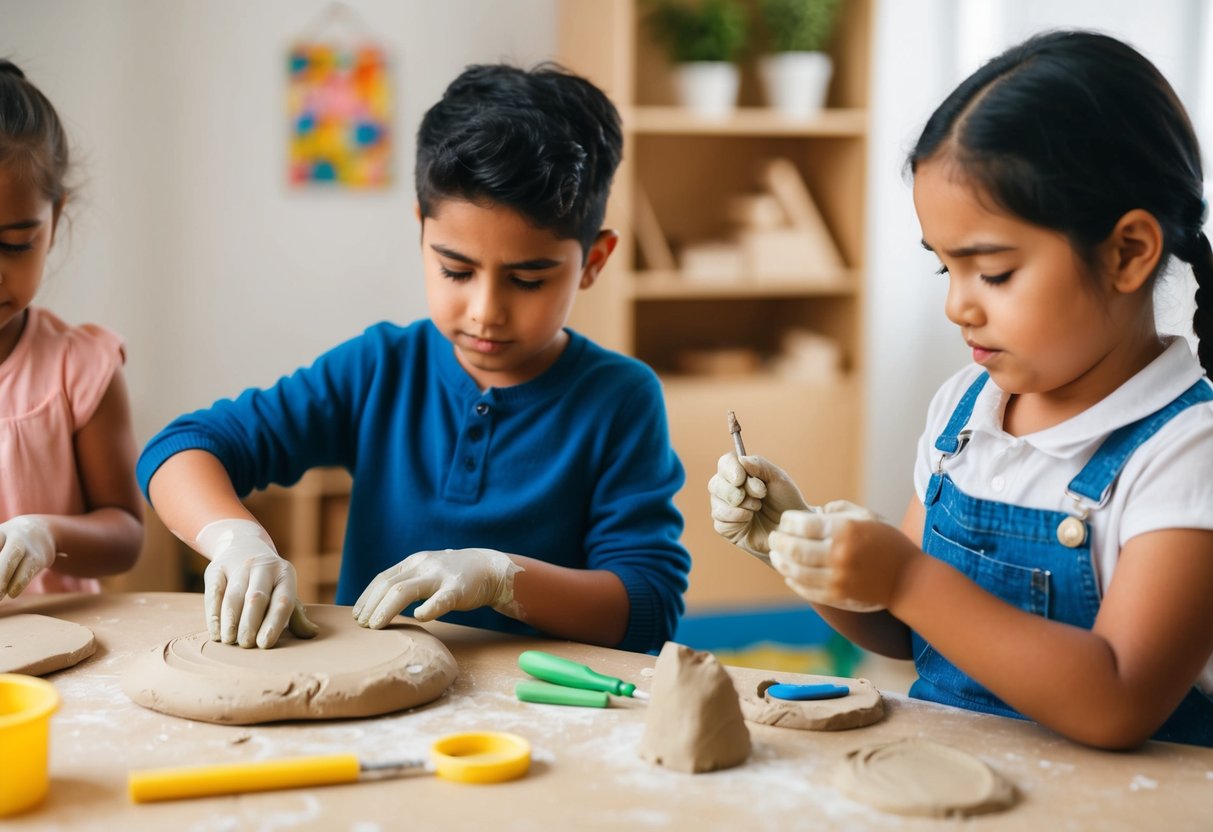 Children sculpting with clay, using various tools and techniques. One child rolls out a piece of clay, while another creates small details with a sculpting tool