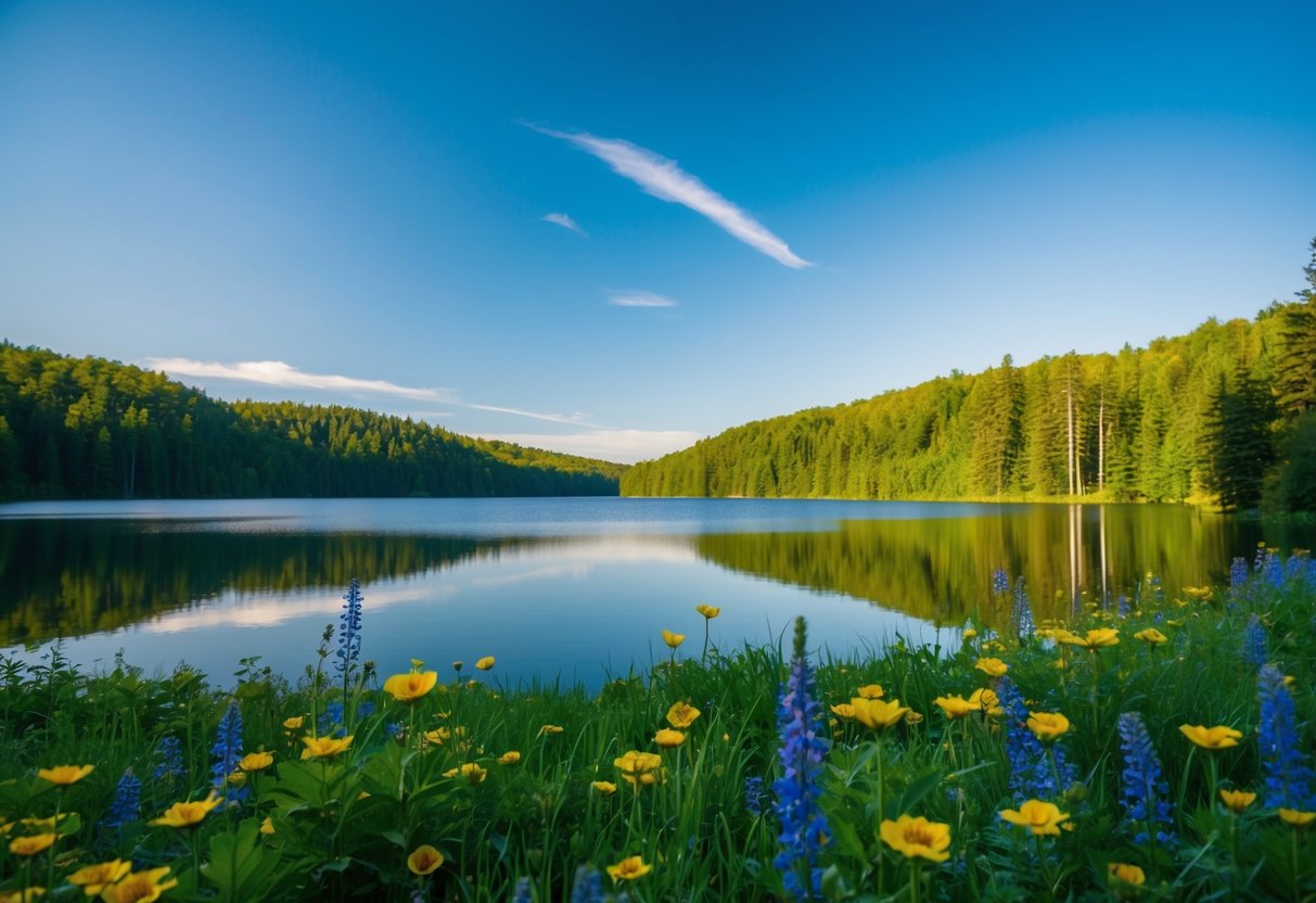 A serene lake nestled in a lush forest, with vibrant wildflowers and a clear blue sky above