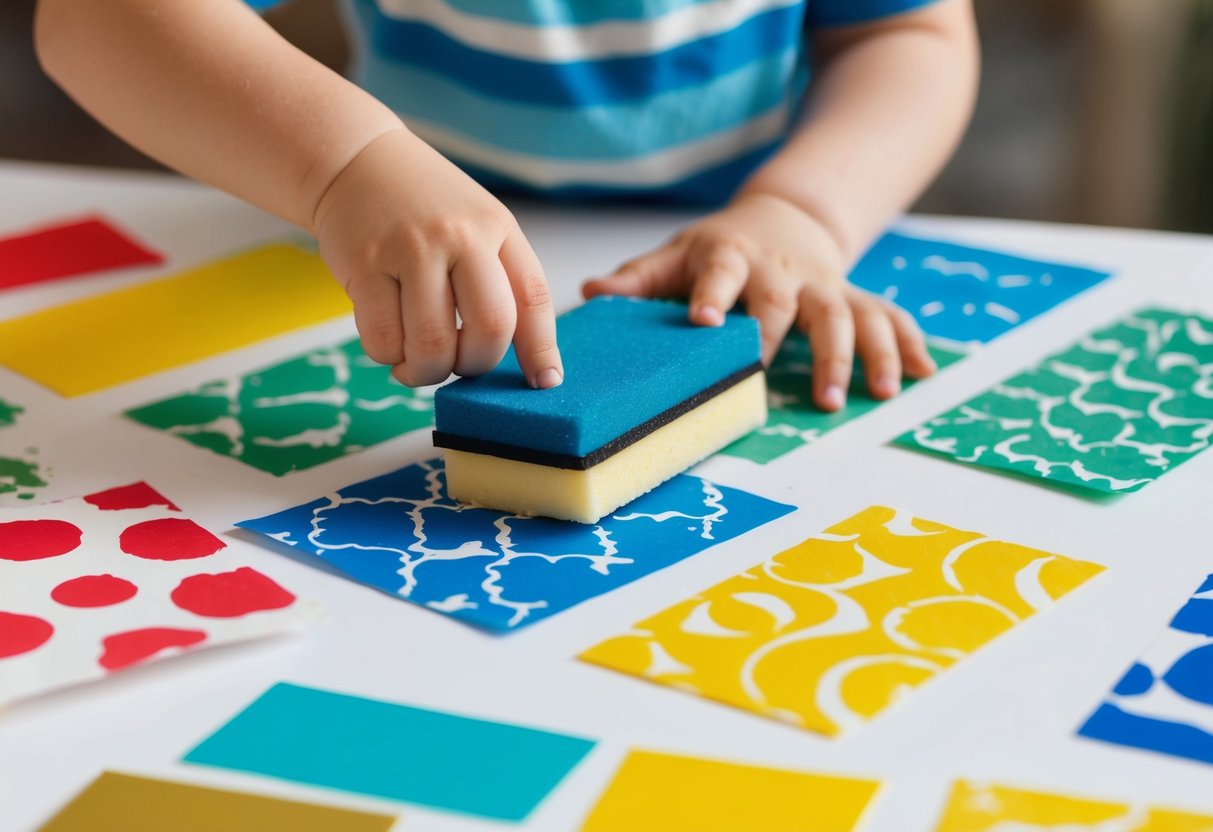 A child using a sponge to stamp paint onto paper in various patterns and colors