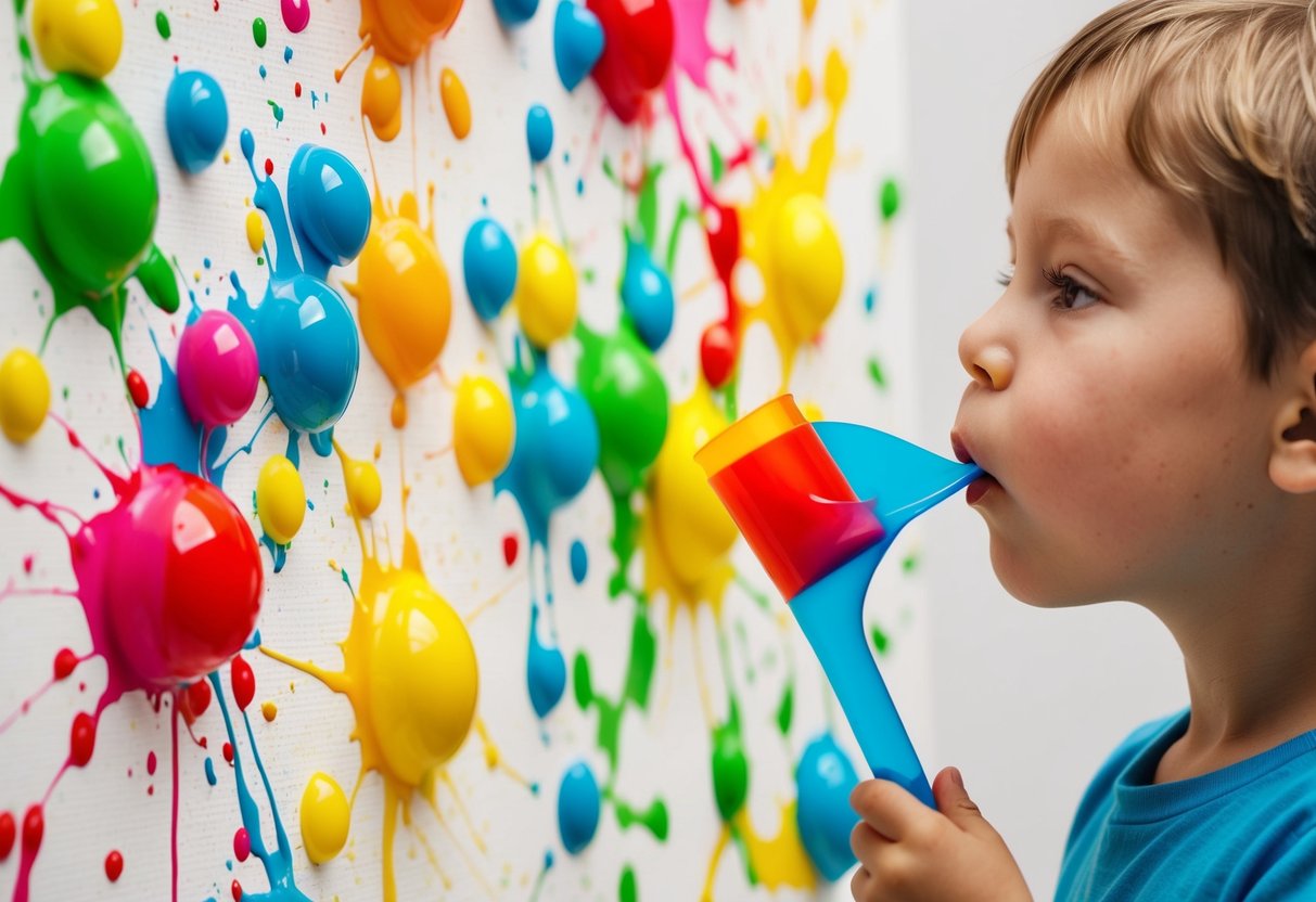 Brightly colored paint splattering across a canvas as a child blows through a straw, creating unique patterns and designs