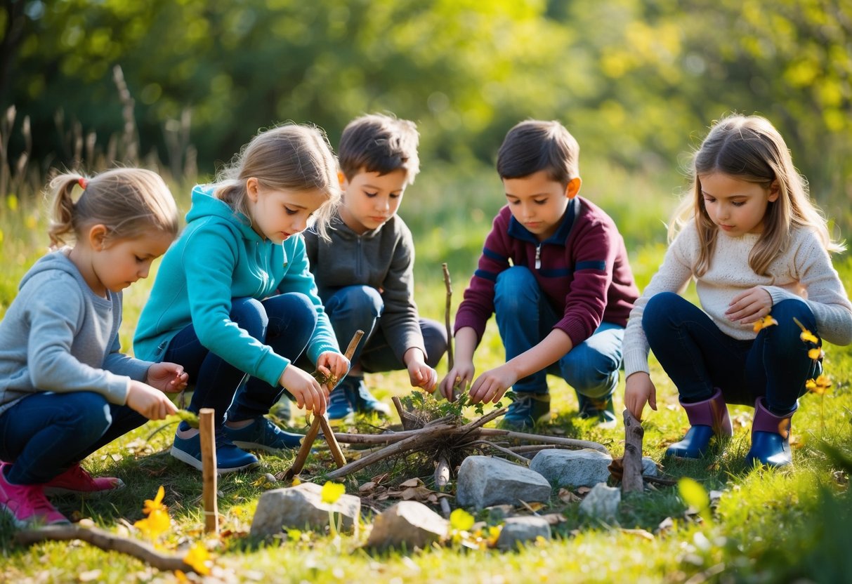 A group of children explore nature, creating sculptures with sticks, rocks, leaves, and other natural materials in a sunny outdoor setting