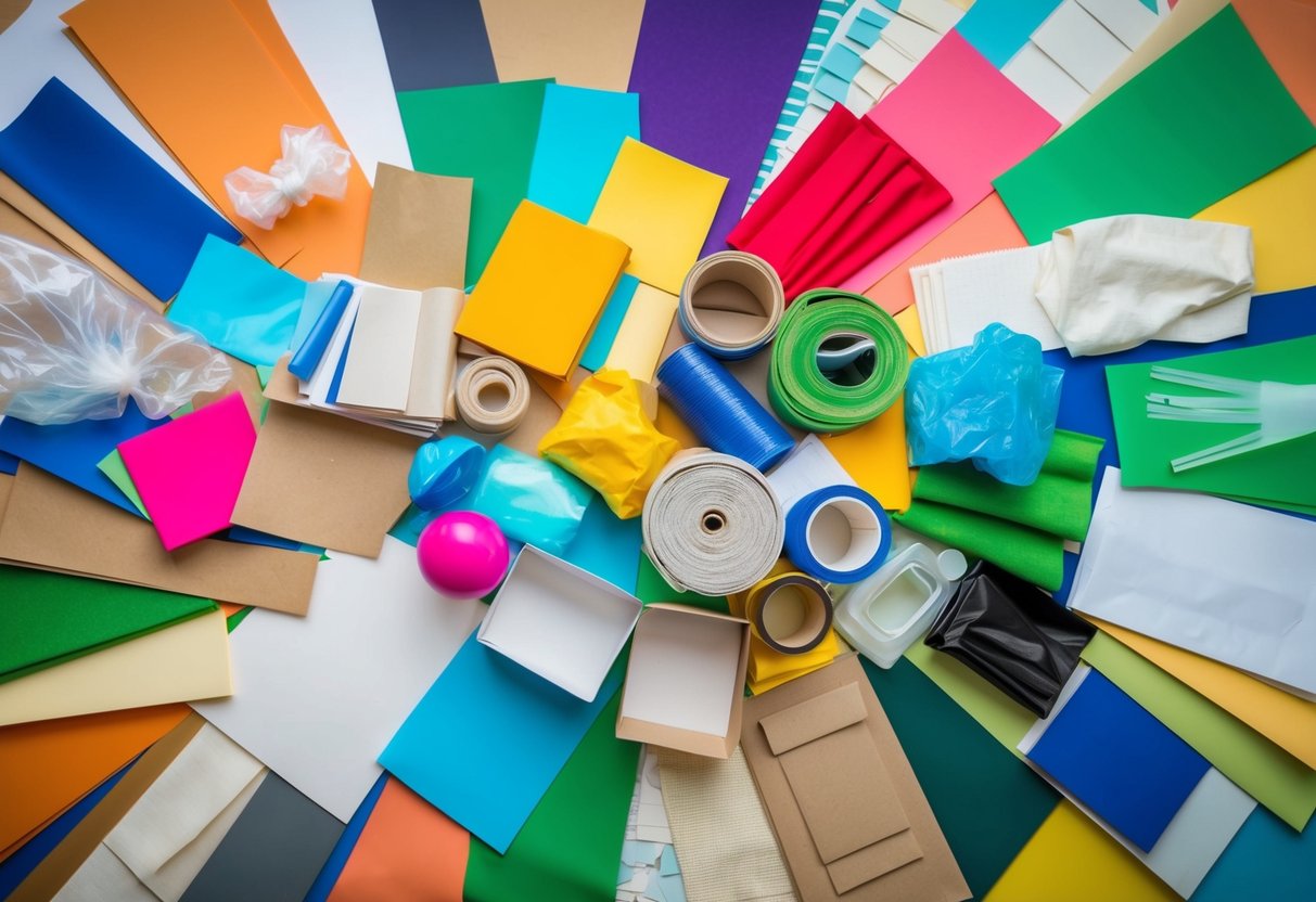 A colorful collage of recycled materials, including paper, fabric, and plastic, arranged in a vibrant and dynamic composition