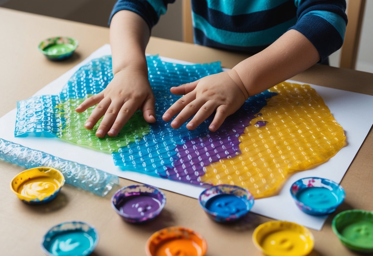 A child presses bubble wrap onto paper, creating colorful patterns. Paint and bubble wrap are scattered on the table