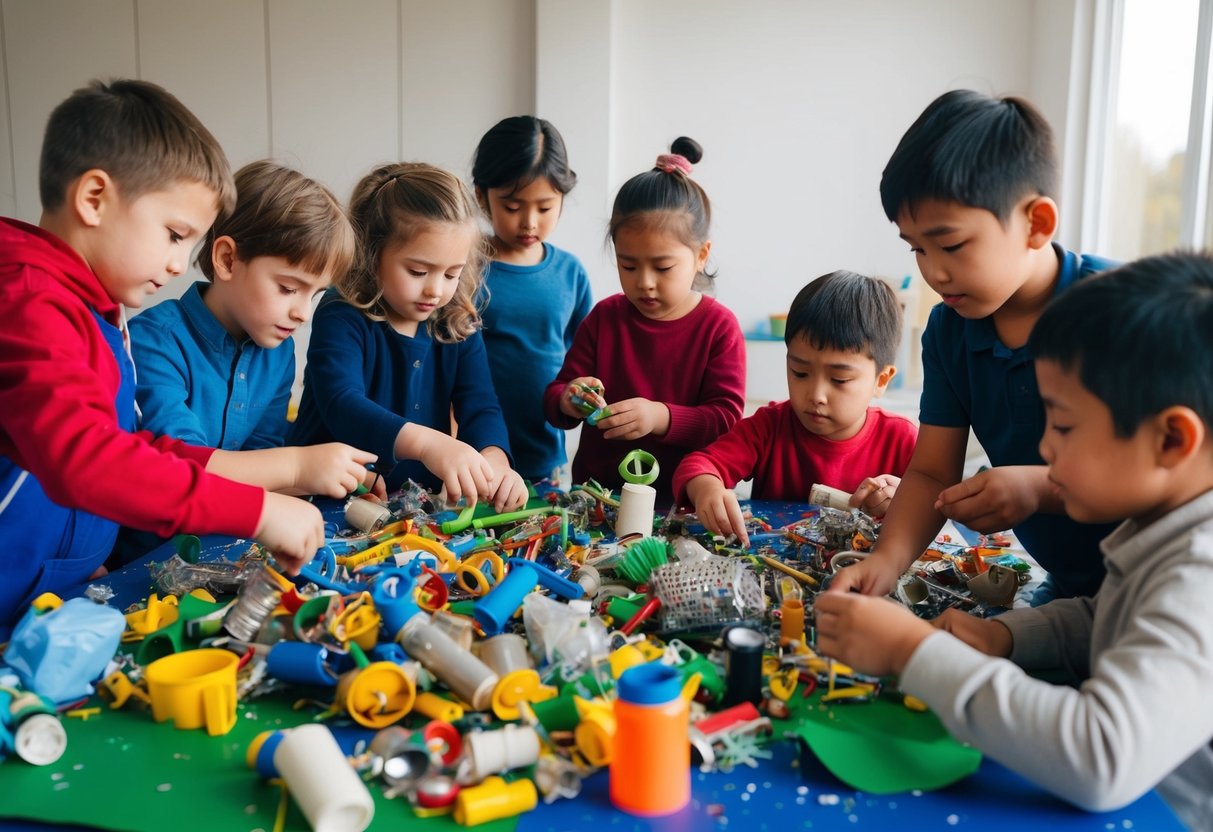 A group of children gather around a table covered in various recyclable materials, eagerly sculpting and creating unique works of art