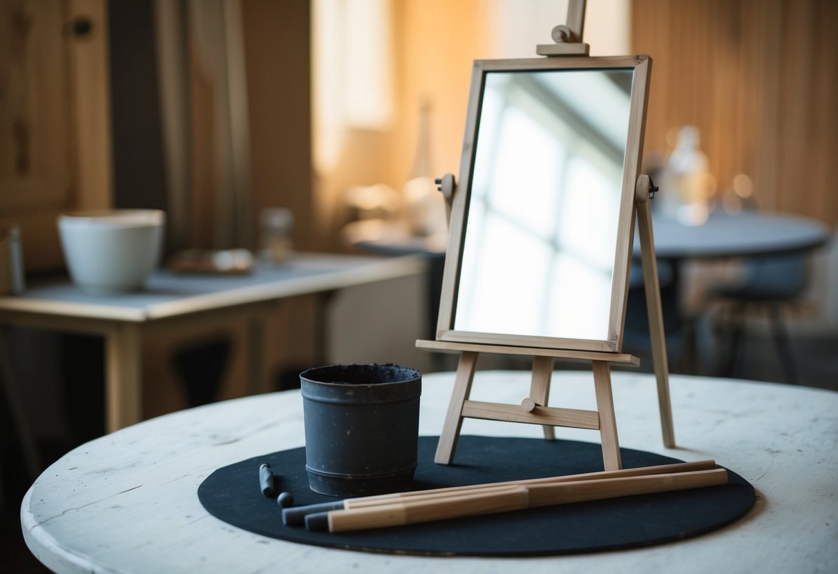 A still life setup with a mirror, charcoal, and easel