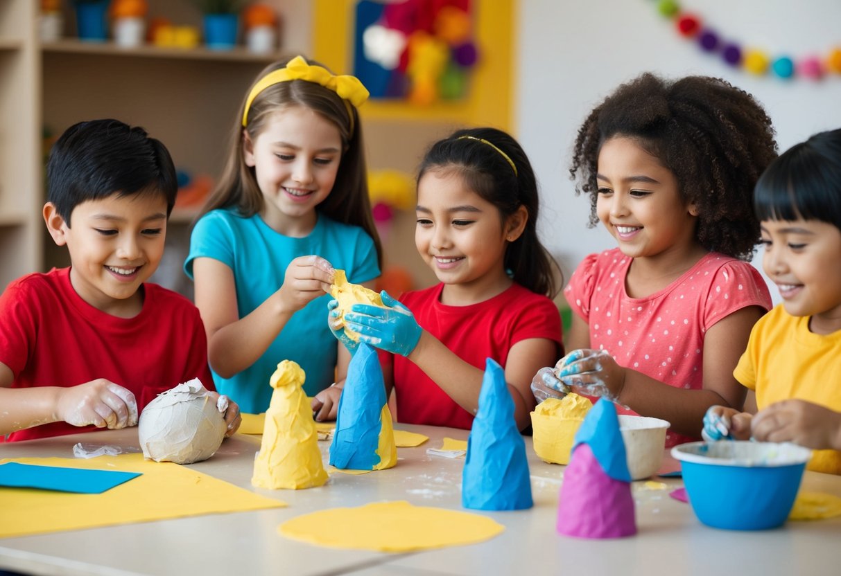 A group of children happily sculpting with paper mache, using various techniques to create unique and colorful creations