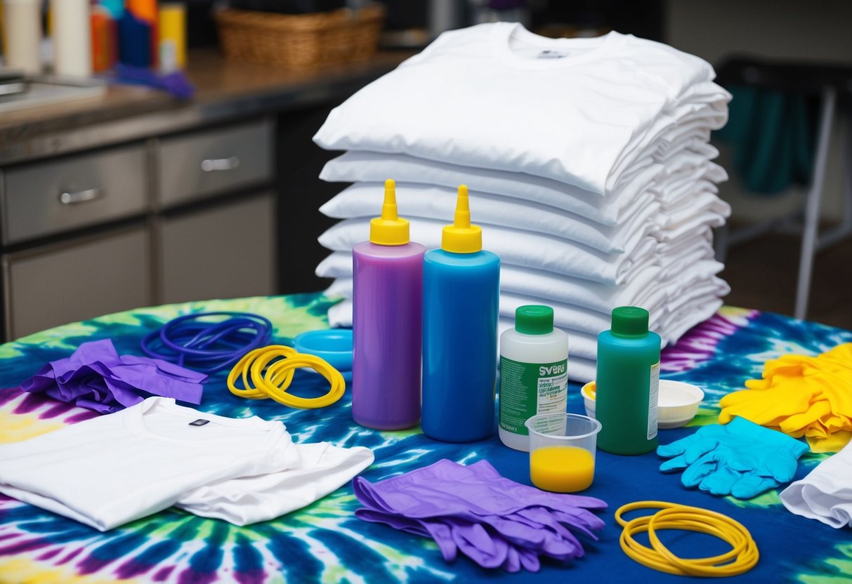 A table covered in tie-dye materials: rubber bands, dye bottles, gloves, and a stack of plain white t-shirts ready for experimentation