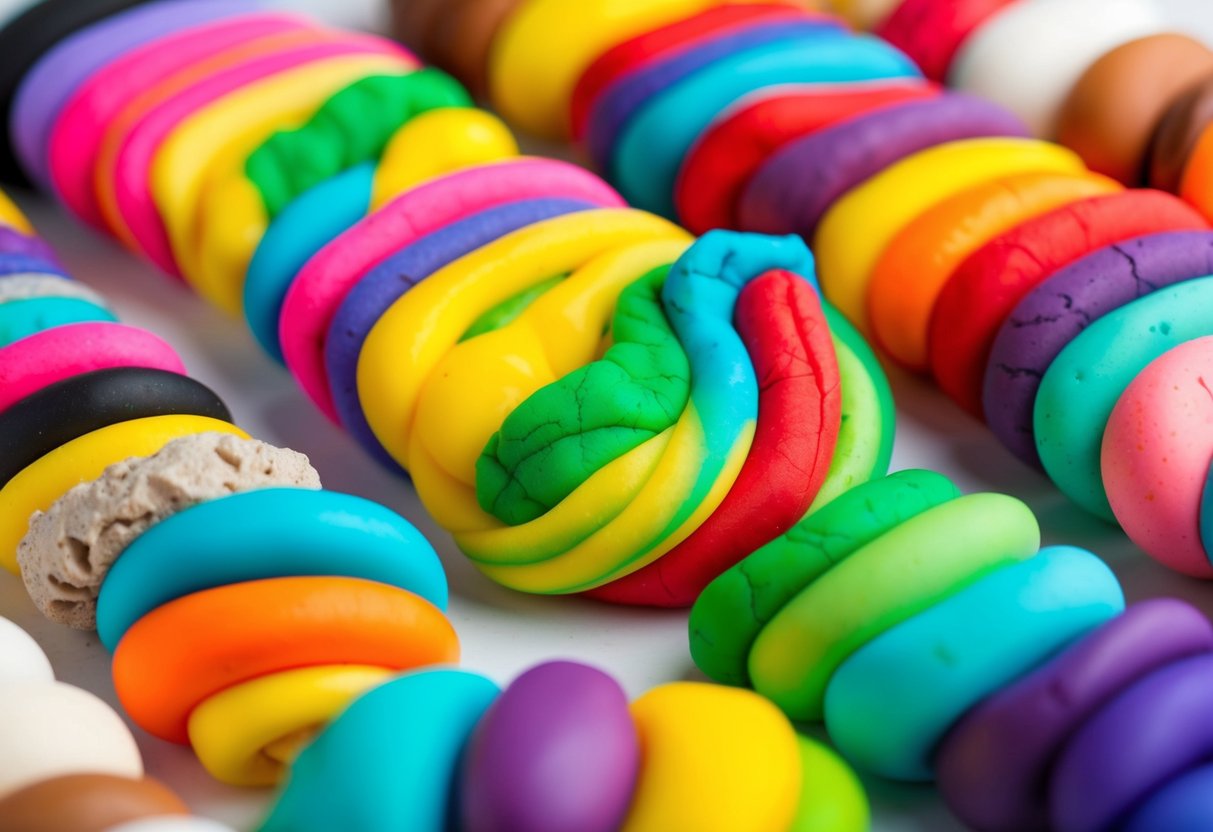 Vibrant marbled playdough in various colors and textures, arranged in playful and creative patterns