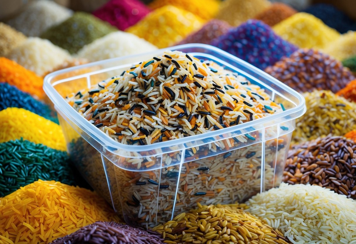 A clear plastic bin filled with vibrant, multi-colored rice. Various textures and colors create a visually stimulating and tactile experience