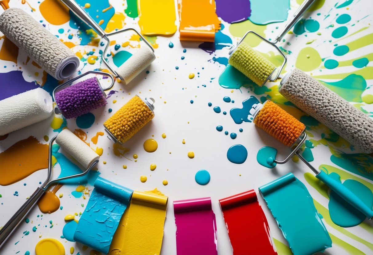 A table with various textured paint rollers and colorful paint swatches, surrounded by splattered paint and abstract patterns