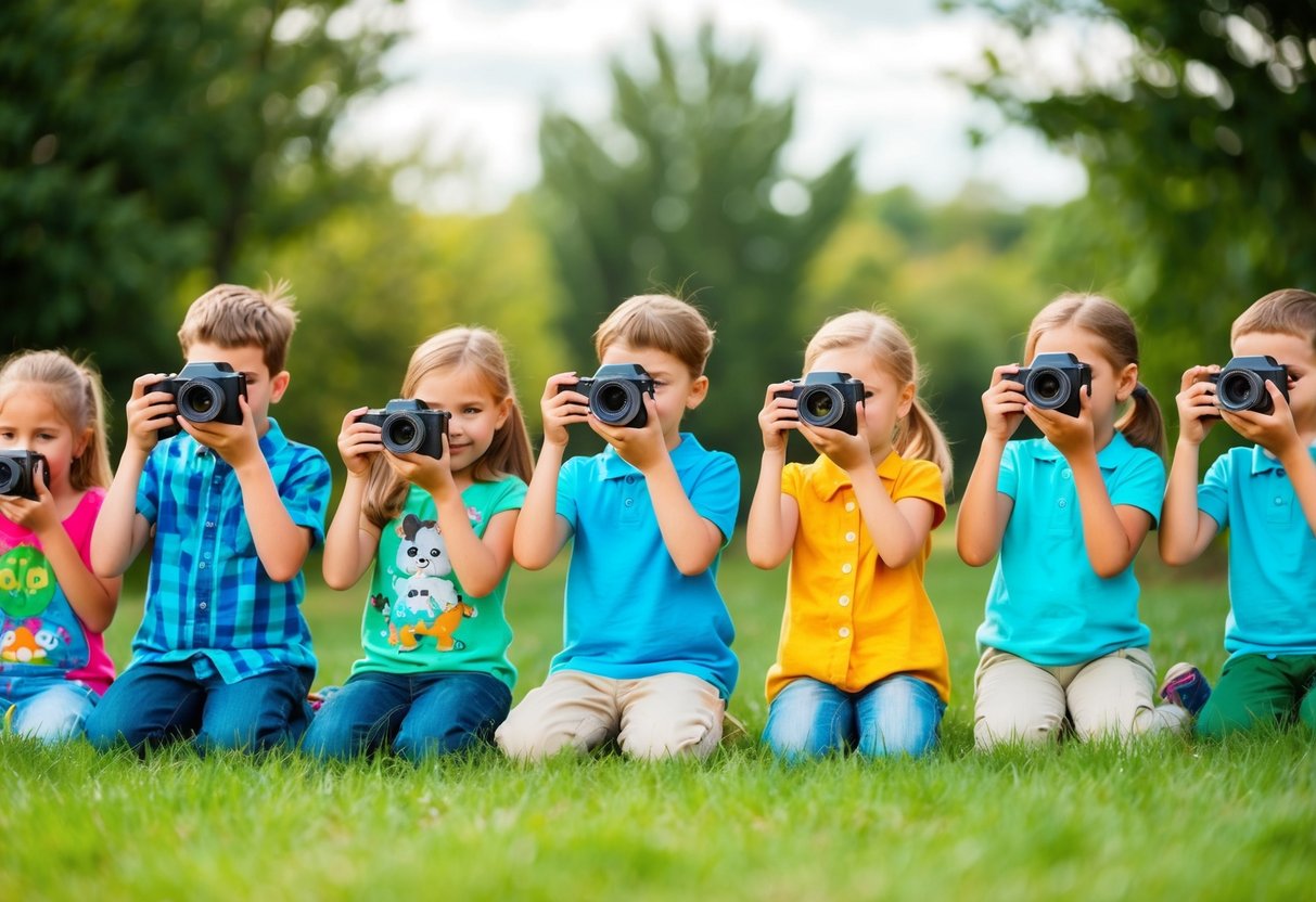A group of children are outdoors, each holding a camera and capturing different subjects such as nature, animals, and objects. The scene is filled with creativity and excitement