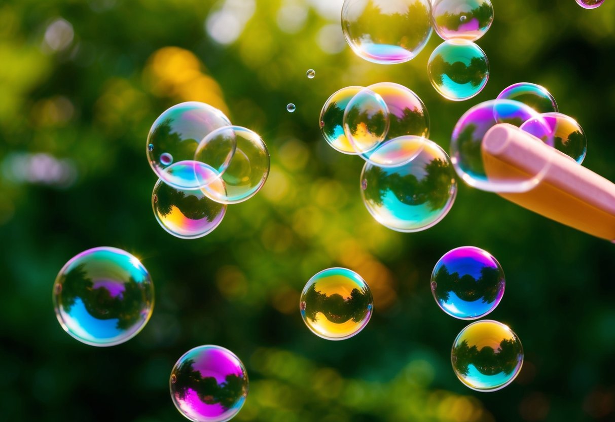 Bubbles float in the air as they are blown from a wand, creating a colorful and playful scene