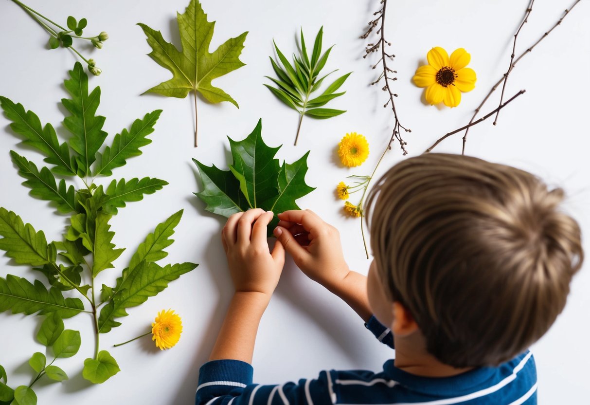 A child arranging leaves, flowers, and twigs on a white background for a nature collage