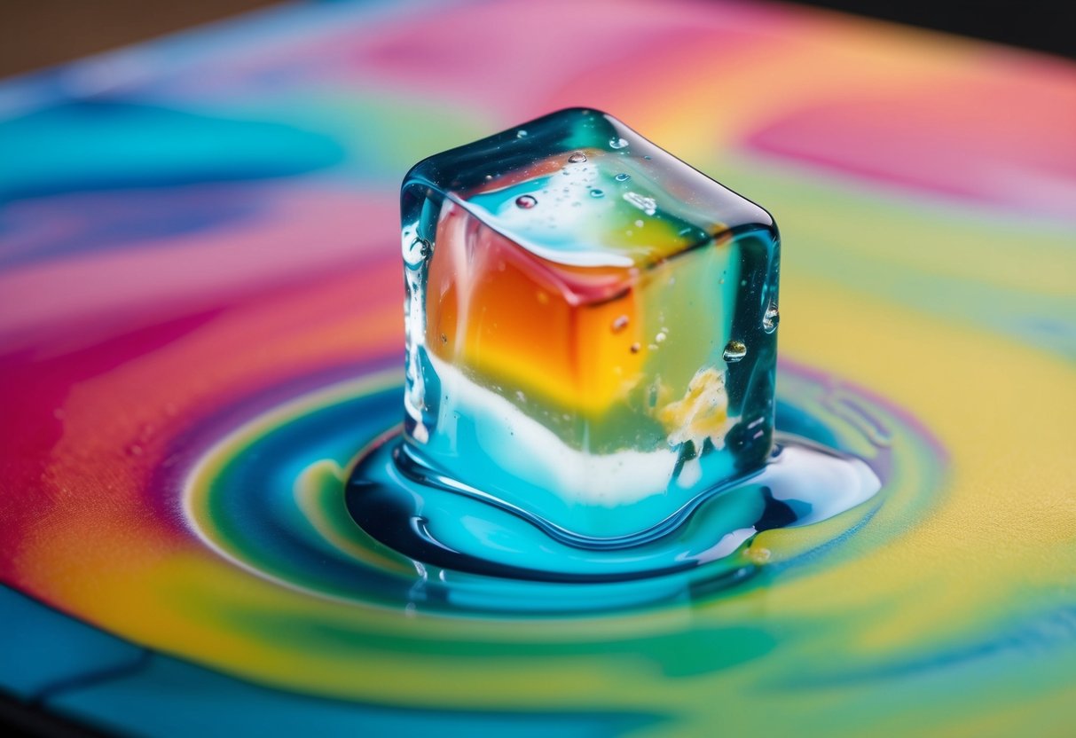 An ice cube melting on a colorful canvas, creating swirls of watercolor