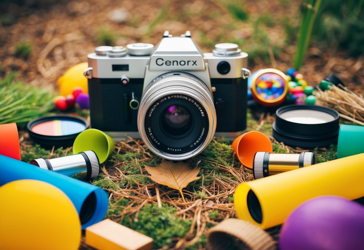 A camera surrounded by colorful props and nature elements, ready for a scavenger hunt