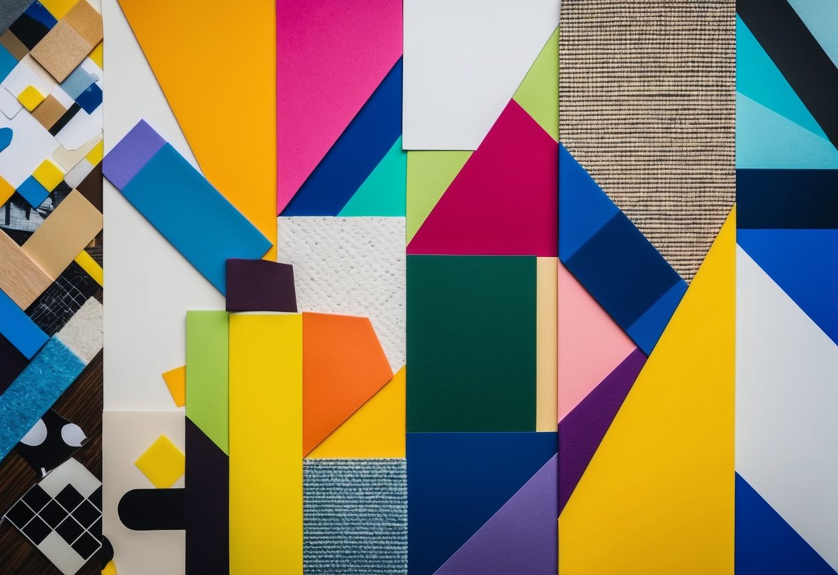 A colorful collage of various materials and textures, featuring bold shapes and patterns arranged in a dynamic composition