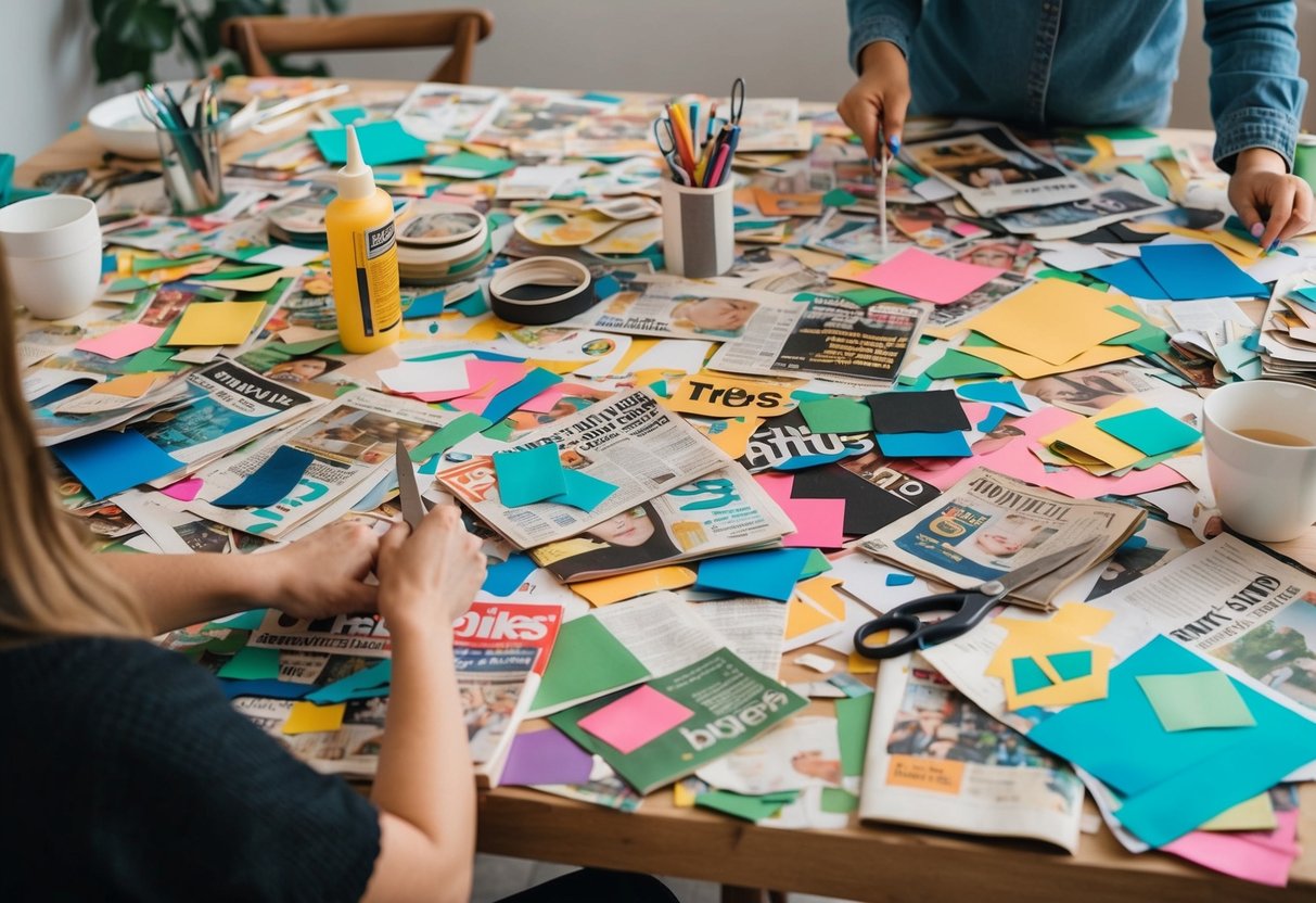 A table covered in colorful old magazine cutouts, scissors, and glue, surrounded by art supplies and finished collages